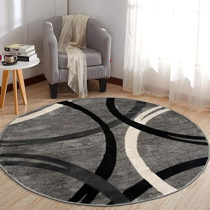 Rugshop Wavy Circles Design Round Rug, Carpet with Jute Backing for Living Room, Dining Room, or Bedroom, Gray, 8' Round