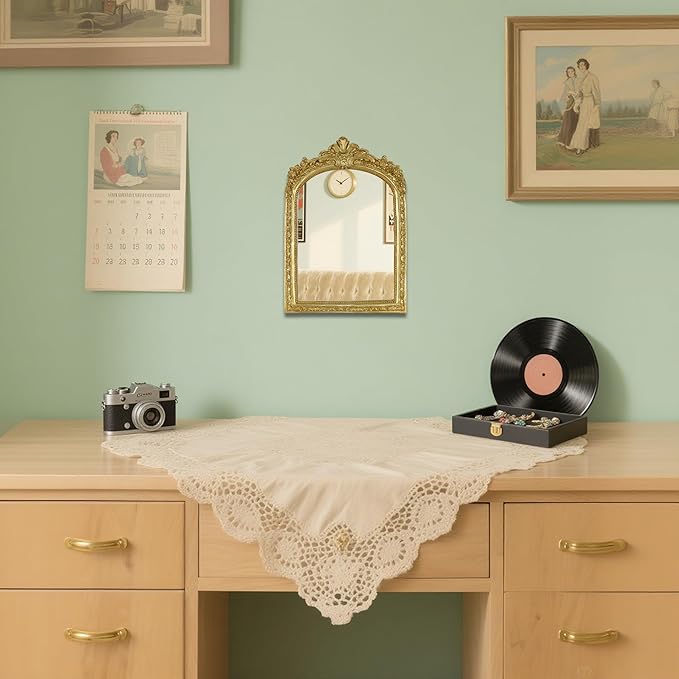 Small Decorative Arched Mirror, Gold Resin Frame, 6.8 x 10 inches, Wall Mounted or Tabletop (Gold, 6.8 X 10 inches)
