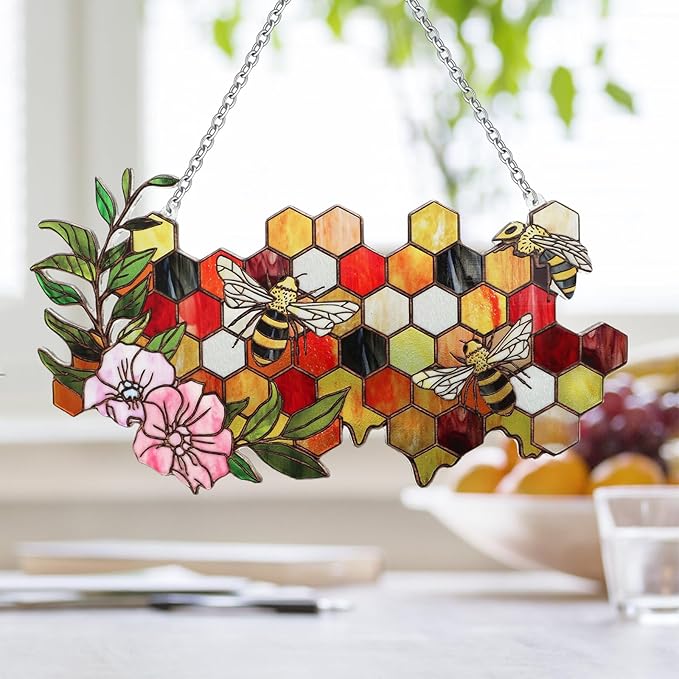 Stained Glass Suncatchers for Windows, Enlarged Stained Glass Window Hanging with Metal Chain, Garden Suncatchers for Home Decor, Garden, Patio, Gift for Nature and Bee Lovers