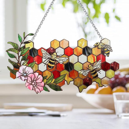 Stained Glass Suncatchers for Windows, Enlarged Stained Glass Window Hanging with Metal Chain, Garden Suncatchers for Home Decor, Garden, Patio, Gift for Nature and Bee Lovers