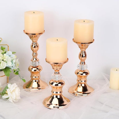 OwnMy Set of 3 Rose Gold Metal Pillar Candlestick Holders Brass Pillar Candle Holders for 3 Inch Candles, Elegant Metal Crystal Candle Stands for Dining Table, 6.7"+8.3"+9.3" Height Set