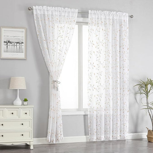 VISIONTEX White Sheer Voile Curtains, Decorative Orange Leaves Embroidery Faux Linen Rod Pocket Window Drapes for Home Kitchen, Living Room and Bedroom 54 x 84 Inch, Set of 2 Curtain Panels