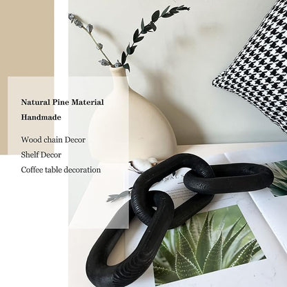 Decor Wood Knot, Home Shelf Decor, Wood Chain 3 Link Decor, Hand Carved Home Decorations for Living Room, Farmhouse Coffee Table Decor (Black)