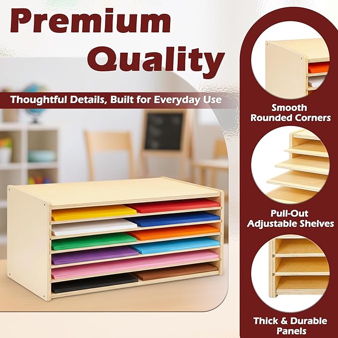 PROLEE Construction Paper Organizer,6-Tier Paper Organzier Wood Desktop Organizer,Papers Storage Rack,Letter Tray File Sorter for Home and Office (20.5"x13.2"X10.5")
