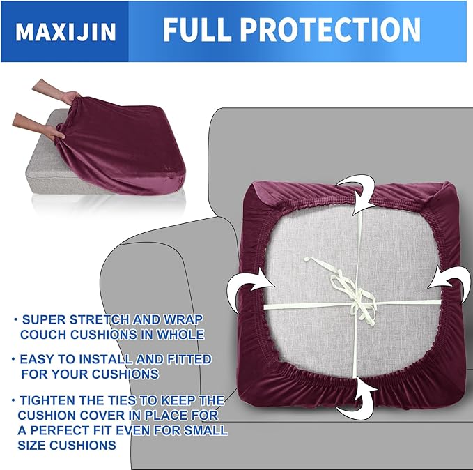 MAXIJIN Velvet Stretch Seat Cushion Covers Couch Cushion Cover for Individual Cushions Sofa Seat Cushion Slipcovers with Elastic Bottom (3 Piece XL Sofa Cushion Covers, Wine Red)