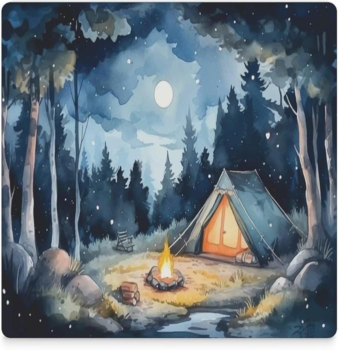 Square-4PCS Forest Ceramic Coasters, Square Absorbent Drink Coasters, Watercolor Mountain Forest Nature Tree Woodland Camping Ceramic Table Coasters for Coffee, Beverage, Wine, Beer Coasters