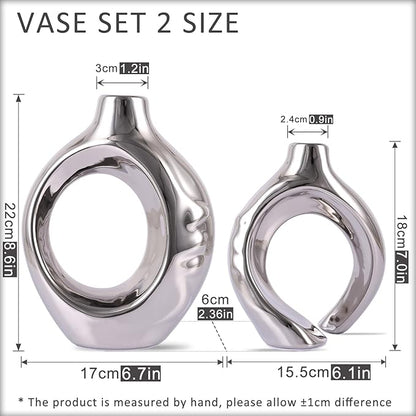 Silver Home Decor Ceramic Vase, Round Vase with Holes Set of 2, Suitable for Wedding Entrance Decoration, Bookshelf, Mantel, Unique Home Decor (Silver)