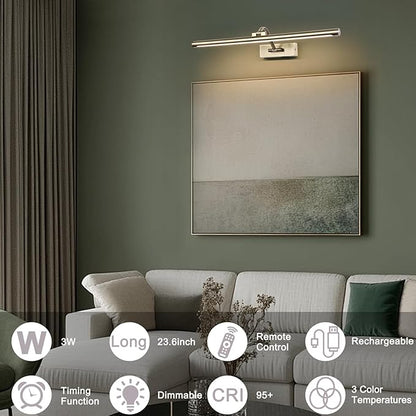 Antique Bronze LED Wireless Picture Lights for Wall Rechargeable, Battery Operated Art Light for Paintings, 3CCT Dimmable, 23.6 inch with Remote, Rotatable Gallery Light for Pictures Display