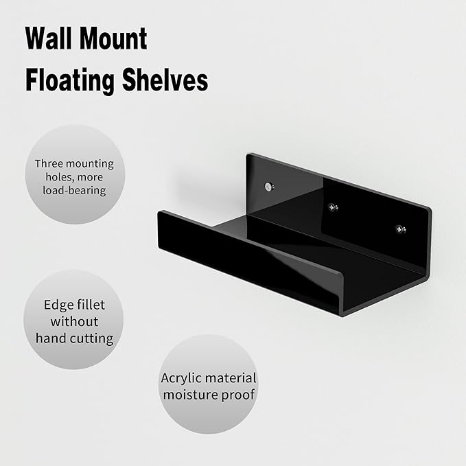 7 Inches Black Acrylic Wall Shelves for Home Décor, 2 Pack, Acrylic Dining Room Organizer Shelves for Wall, Wall Mounted Storage Display Shelf