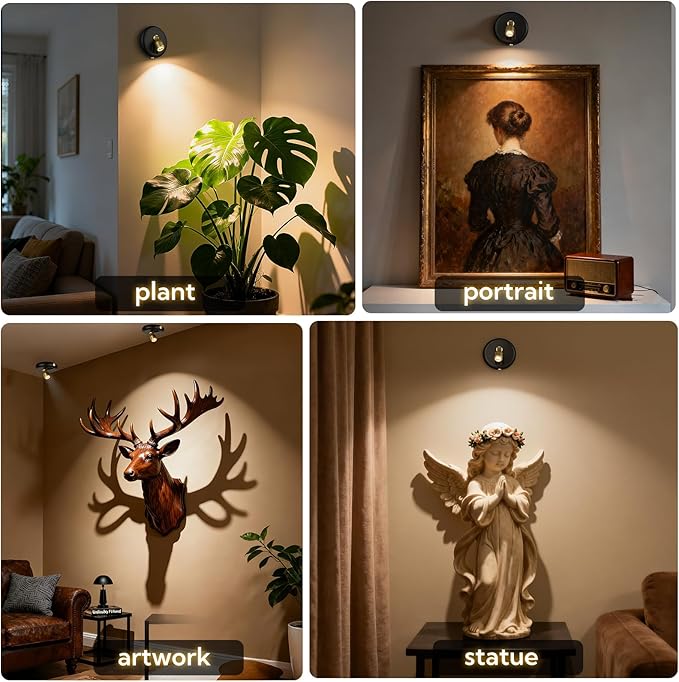 4 Pack Rechargeable Battery LED Spotlight Indoor - Wireless Mini Accent Lights with Timer Remote, Dimmable Uplight for Plants, Artwork, Painting, Closet & Portrait Display