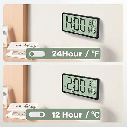 JALL 14.5" Large Digital Wall Clock Battery Operated with Big Digits LCD Screen Display, Day, Date, Alarm, Auto DST, Temperature for Living Room, Bedroom, Desk Decor, Mounted, Gift for Elderly