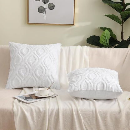 decorUhome Spring Throw Pillow Covers 18x18 Inch Set of 2, Soft Plush Faux Wool White Solid Couch Pillow Covers, Accent Farmhouse Neutral Square Pillow Cases for Sofa Bed Living Room