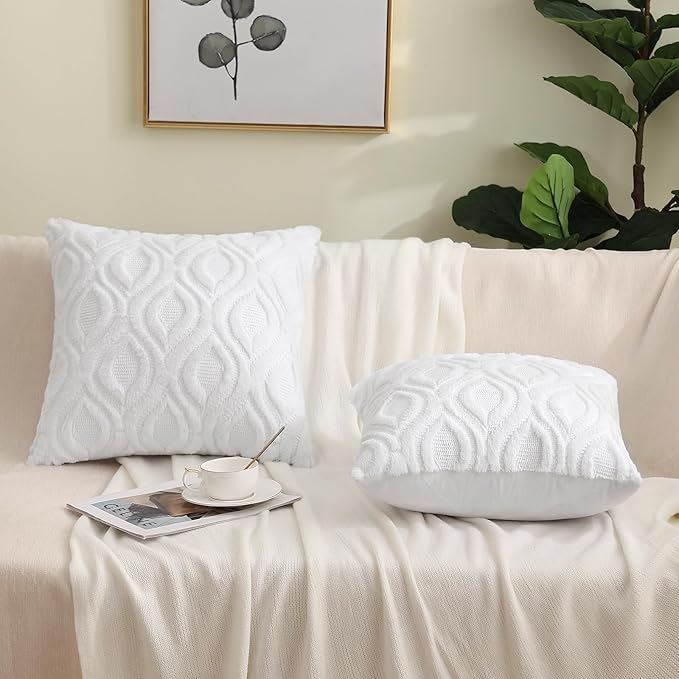 decorUhome Spring Throw Pillow Covers 16x16 Inch Set of 2, Soft Plush Faux Wool White Solid Couch Pillow Covers, Accent Farmhouse Neutral Square Pillow Cases for Sofa Bed Living Room
