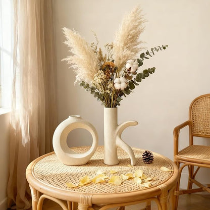 Assemble OK Ceramic Vase Set of 2 for Home Decor, Modern Boho Ins Style Matte Sculptural Flower Vase for Table Centerpiece, Living Room, Shelf, Mantle, Housewarming Gift (Beige White)