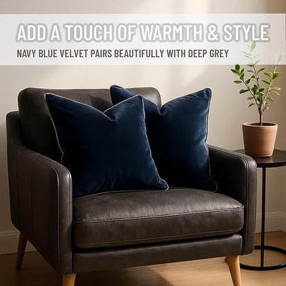 2 Pack Velvet Decorative Throw Pillow Covers, 20"x20", Navy Blue and Grey, Solid, Modern, Contrast Piping, Indoor Use, Bedroom & Living Room