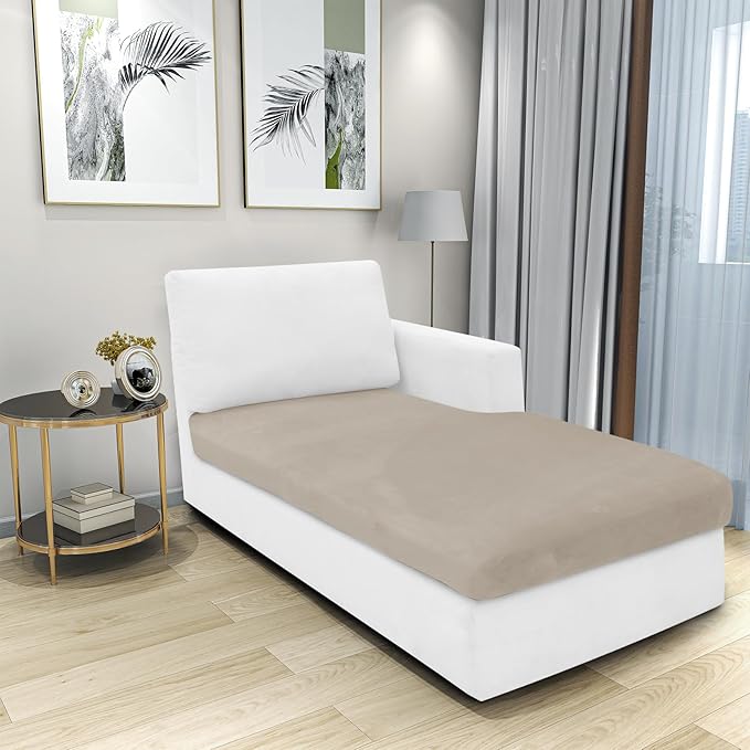 MAXIJIN 1 Piece Velvet Chaise Cover Stretch Sectional Couch Covers for L Shaped Sofa Fitted Soft Chaise Lounge Cushion Cover Sofa Slipcover with Elastic Bottom (Chaise Cover, Khaki)