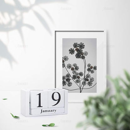 AUEAR, Wooden Block Perpetual Desk Calendar Desktop Cube Rustic Chic Number for Home Office Decoration (White, 1 Pack)