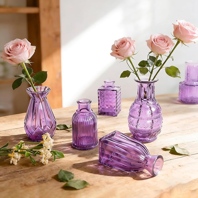 Violet Purple Glass Bud Vases in Bulk 12, Small Vintage Textured Flower Vases for Wedding Centerpieces, Baby Shower, Party Event, Decorative Mini Vase Bottles Set for Flower, Home Table Decor