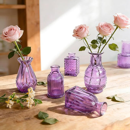 Violet Purple Glass Bud Vases in Bulk 12, Small Vintage Textured Flower Vases for Wedding Centerpieces, Baby Shower, Party Event, Decorative Mini Vase Bottles Set for Flower, Home Table Decor