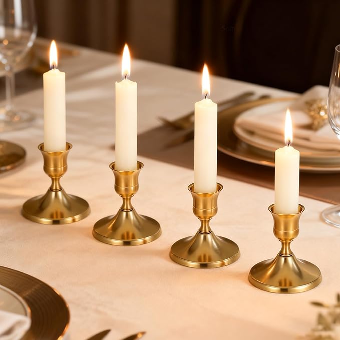 Gold Taper Candle Holder Set of 12,Vintage Small Low Brass Candlestick Holders,Short Skinny Candle Stick Holders for Dinner Room Table Centerpiece or Mantel Wedding Party Decor