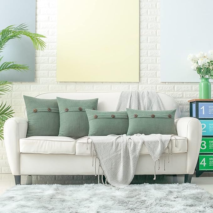 HWY 50 Sage Green Chenille Throw Pillow Covers 12x20 Inch with Triple Buttons, Soft Spring Farmhouse Accent Decorative Cushion Cases for Couch Sofa Bed Living Room Pack of 2 Rectangle