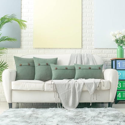 HWY 50 Sage Green Chenille Throw Pillow Covers 12x20 Inch with Triple Buttons, Soft Spring Farmhouse Accent Decorative Cushion Cases for Couch Sofa Bed Living Room Pack of 2 Rectangle
