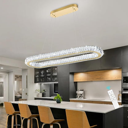 LED Ring Chandelier Oval Rings Pendant Lights for Dining Table Kitchen Island Remote Dimmable Hanging Light Chandeliers for Entryway Living Room Crystal Lighting Gold