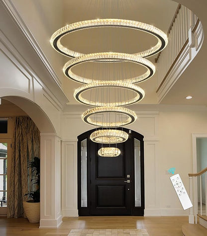 Modern Chandelier 8"+16"+24"+32"+40"+47" 6 Rings Crystal LED Dimmable Lighting Foyer Entryway High Ceiling Living Room Chanderliers Pendant Lights Fixtures Black Light