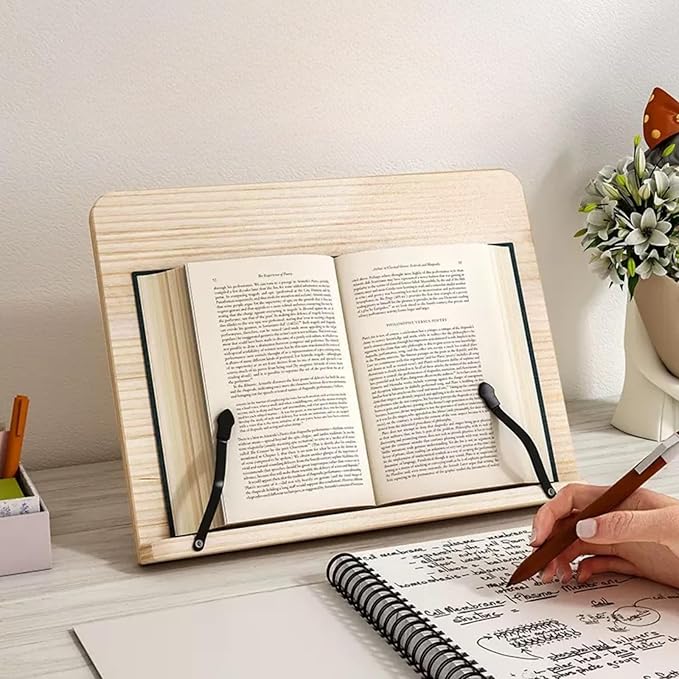 Reading Rack Wooden Bookshelf - Book Stand Foldable with 8 Adjustable Positions and Page Clips,Suitable for cookbooks、iPads、laptops、Sheet Music、and Reading Stands(15x11.4inch)