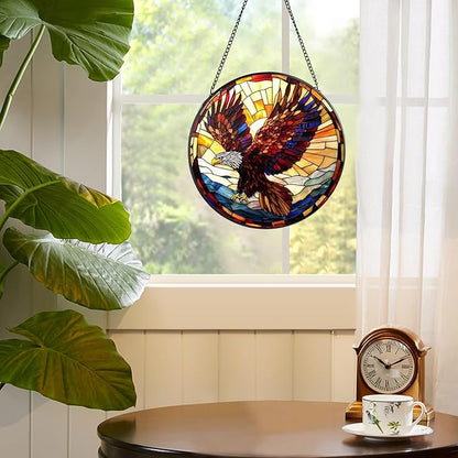 Eagle Stained Glass Window Hanging, 7.8" Round Sun Catcher Hand Painted Wall Art Decor with Chain, Unique Housewarming Gifts for Couples, Home