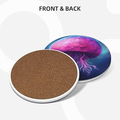 6 Pcs Ceramic Coasters with Holder Absorbent Drink Round Fantasy Starry Sky Pink Gellyfish Design for Home Table Coffee Cup Wine Beer Bar,Size 4.4 inches