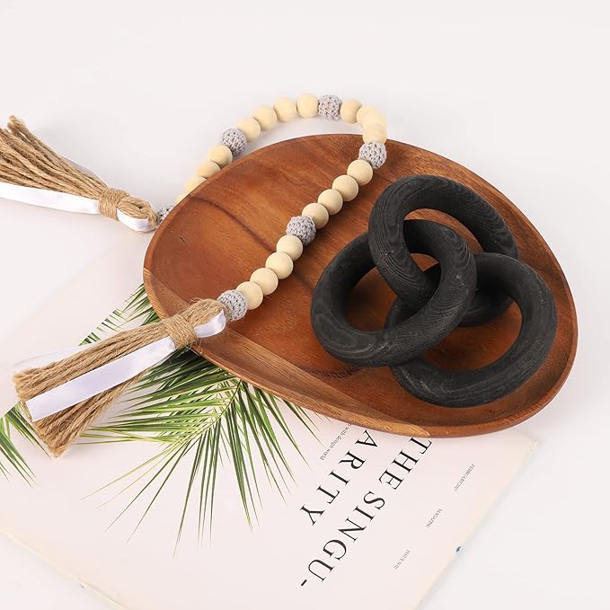 Wood Chain Link Decor 3-Link,8.3 Inch Length Wood Knot Decor,Black Hand Carved Decorative Chain Knot,Knot Decorative Object,Coffee Table Decor,Country Chain Knot Decor,Mom Gifts,Wooden Links