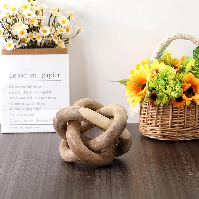 3 Link Wood Knot Decor Rustic Home Décor Accents Hand Carved Coffee Table Decoration, Boho Chain Link Decoration, Modern Shelf, Rustic Objects for Home Living Room Bedroom(Acacia Wood)