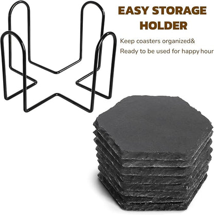 ZOOFOX 24 Pieces Slate Drink Coasters, Hexagon Black Slate Stone Coaster Bulk for Laser Engraving, Beverage Coasters with Non-Slip Bottom Mat for Home Decor, Bar, Housewarming Gifts