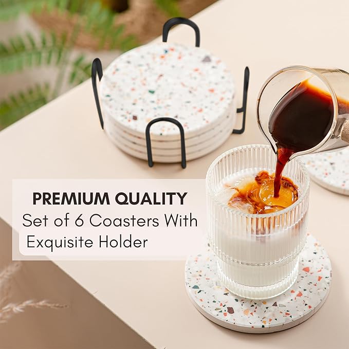 Absorbent Coaster Set of 6 with Holder, Drink Coasters for Coffee Table, Kitchen, Home Decor, Cute Ceramic Round Coasters, Alternative to Silicone, Cork or Glass Coaster (Marble with Black Holder)