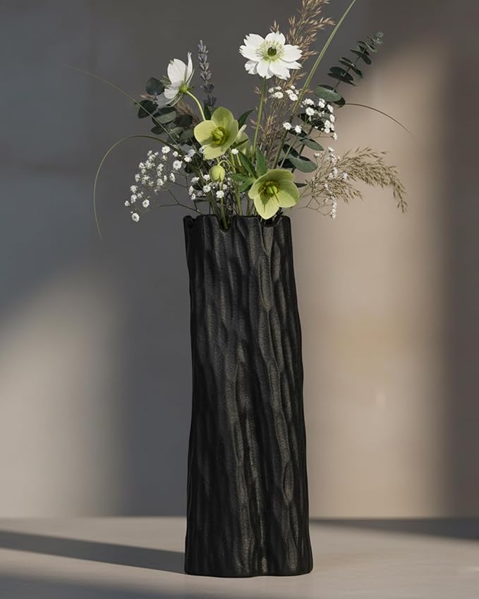 10.7 Inch Matte Black Flower Vase, Organic Nature Shape, OOSTONEE Nordic Modern Style Ceramic Vase, Shelf, Home, Living Room, Coffee Table Centerpiece, Black Vases Home Decor