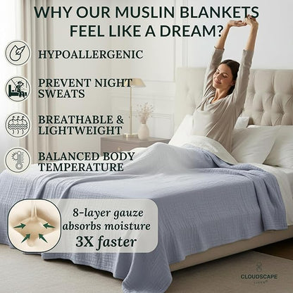Cloud Scape Linen 100% Cotton 8 Layer Twin Size Muslin Blanket - Breatheable and Soft Winter Blanket for Bed, Couch and Sofa, Oversized Fits up to Twin XL, Best Gift Idea, 68x92, Lavender Blue