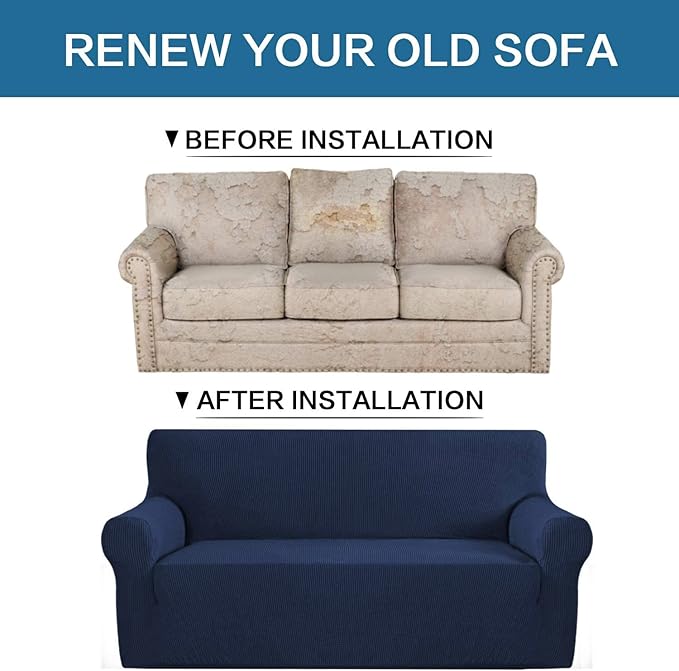 H.VERSAILTEX Stretch Oversized Sofa Cover 1 Piece Sofa Slipcovers for Living Room Feature Thick Checked Jacquard Fabric with Elastic Bottom, Sofa X-Large - Navy