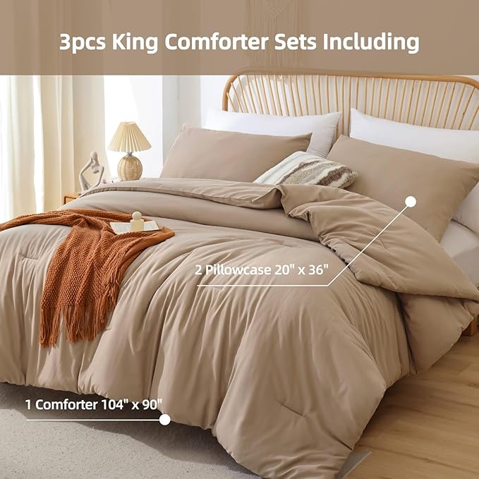 ROSGONIA King Size Comforter Set Taupe Brown, 3pcs(1 Boho Tan Comforter & 2 Pillowcases) All Season Bedding Lightweight Bedspread Blanket Quilts