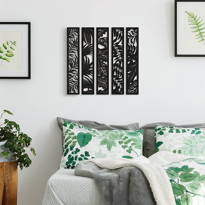 Blulu 5 Pieces Wooden Wall Art Hollow Wall Decor Wood Panels for Home Decorations Bedroom Living Room, 15.7 x 2.9 x 0.2 Inch(Leaf,Black)