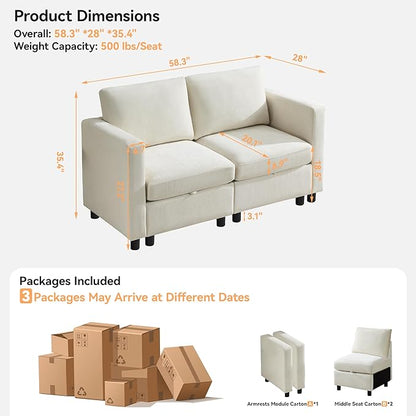 58”Modular Sectional Loveseat Sofa, Modern Love Seat 2 Seater Sofa Couch with Storage, Chenille Modular Sectional Couch for Living Room, Bedroom, Office, Small Apartment, Beige