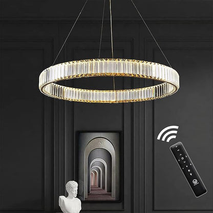 Modern Crystal Chandelier Dimmable Gold Ring Pendant Light with Remote 24" Round Crystal Chandeliers for Living Room Dining Room Bedroom