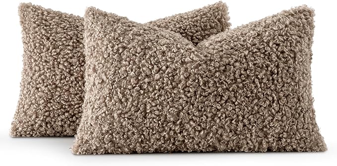 MIULEE Pack of 2 Lumbar Throw Pillow Covers 12x20 Inch Neutral Khaki Faux Fur Decorative Sherpa Pillow Covers Fuzzy Accent Soft Sheepskin Fleece Cushion Cases for Boho Home Decor Living Room Bed Chair