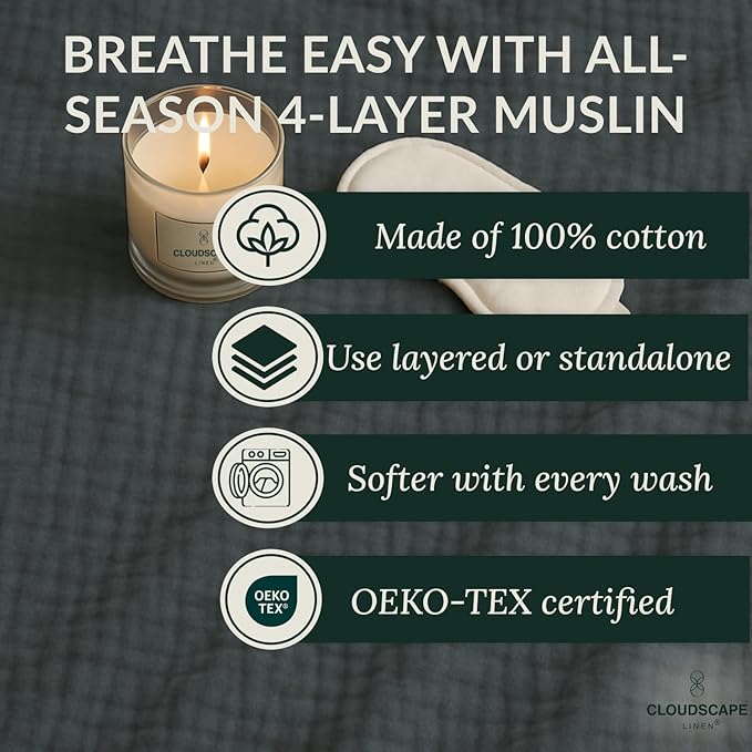 Luxury 100% Cotton Muslin Throw Blanket, 4 Layer Extra Large 50x70in, Perfect for Couch, Sofa, Home Decor, Soft Cotton Gauze Travel Blanket, Winter Cozy Throw, All Season Sharkskin