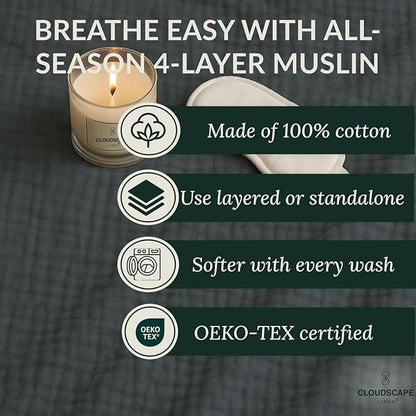 Luxury 100% Cotton Muslin Throw Blanket, 4 Layer Extra Large 50x70in, Perfect for Couch, Sofa, Home Decor, Soft Cotton Gauze Travel Blanket, Winter Cozy Throw, All Season Sharkskin