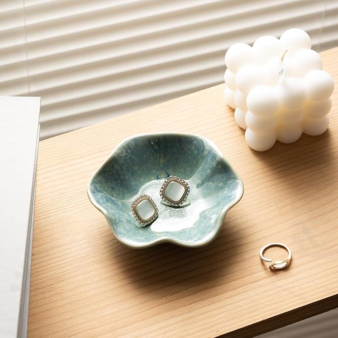 Ceramic Ring Dish, Jewelry Dish Holder, Small Trinket Tray Plate for Earrings Rings Necklaces Keys, Gift for Mom Friend Sister on Birthday Mother's Day Christmas (Cyan Surface)