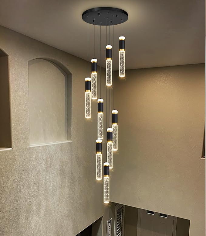 9-Lights Modern Crystal Spiral Chandelier for Staircase High Ceiling Chandeliers Bubble Pendant Lighting Hanging Light Fixture Flush Mount for Foyer Entryway