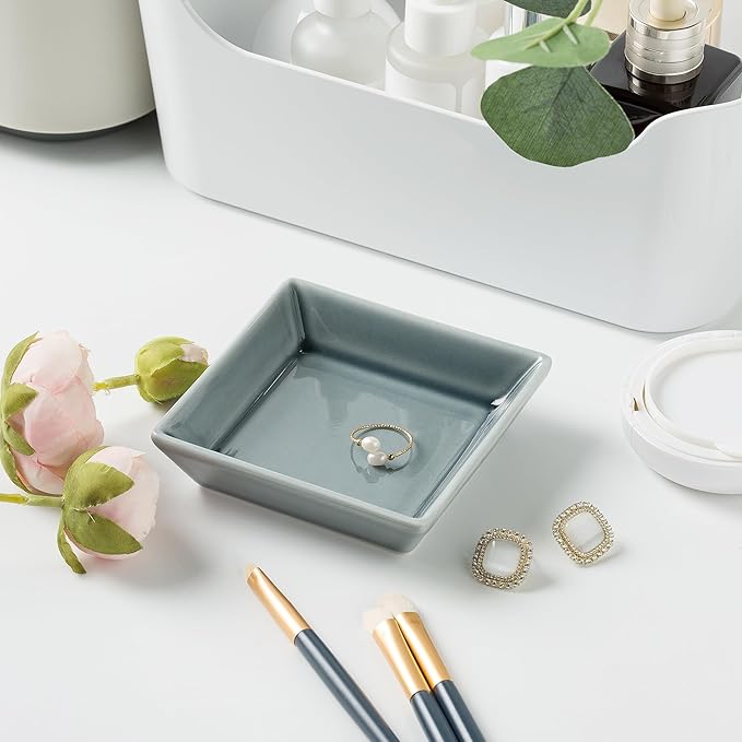 Ceramic Trinket Dish, Ring Tray, Decorative Jewelry Dish for Earrings Necklaces Watch Keys for Women (blue square)