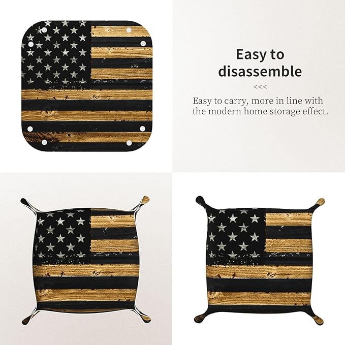 Valet Tray for Men Husband Boyfriend Boys – Catchall Bedside Vanity Tray, Nightstand Caddy Leather Holder for Keys, Phone, Wallet, Coins, Trinkets & Jewelry Wood American Flag 023