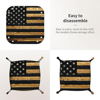 Valet Tray Gifts for Men Husband Boyfriend Boys – Catchall Bedside Vanity Tray, Nightstand Caddy Leather Holder for Keys, Wallet, Coins, Trinkets & Jewelry Wood American Flag 023
